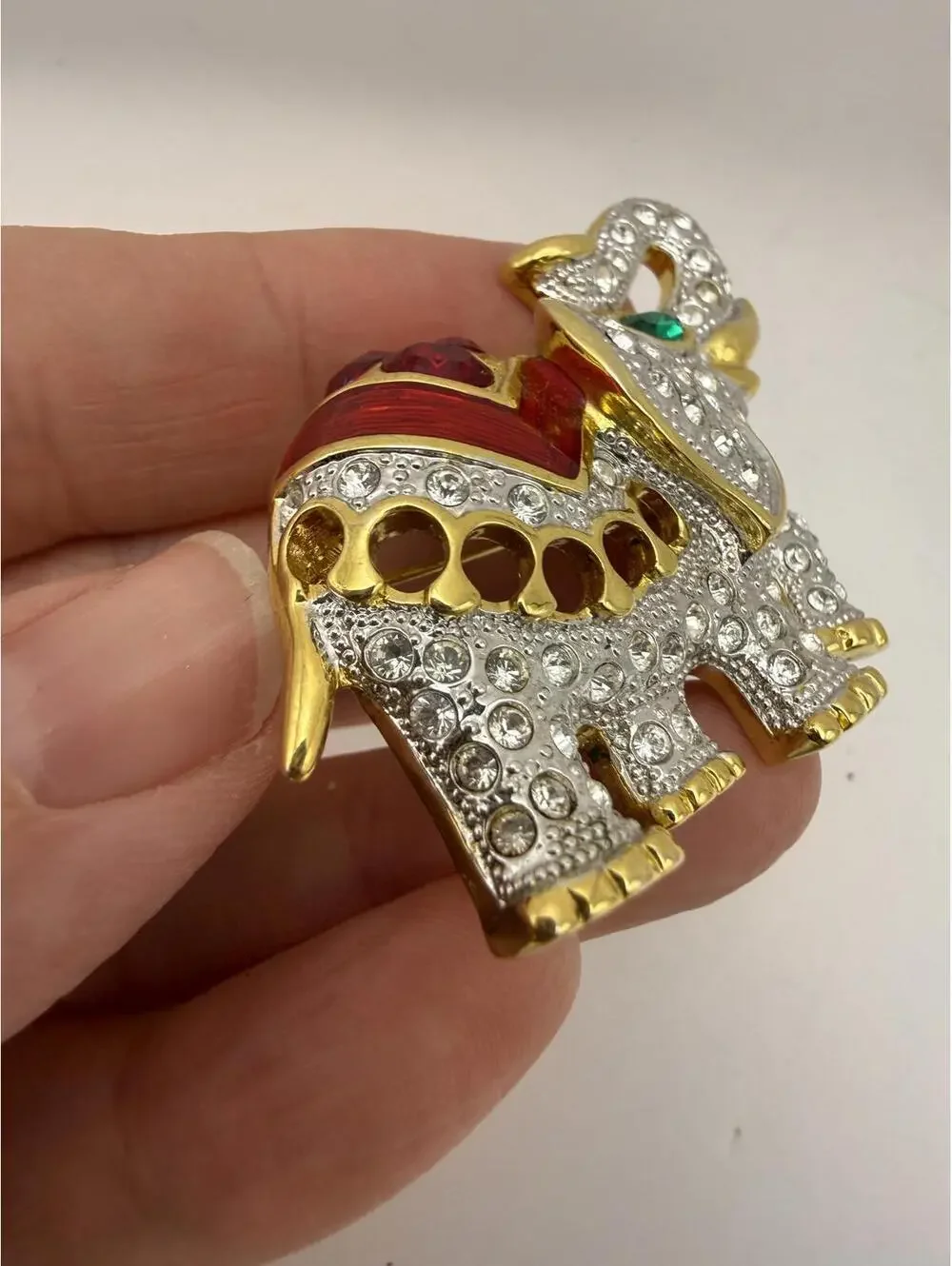 Vintage Elephant Brooch with Rhinestones and Enamel Detailing